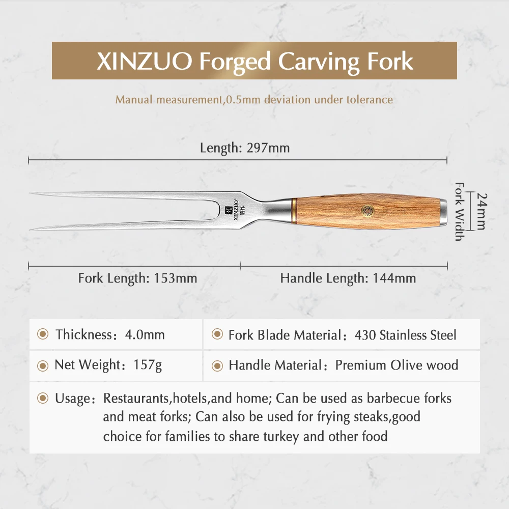 XINZUO 430 Stainless Steel Carving Fork + 10'' Powder Steel Core Slicing Knife Outdoor Barbecue Tool Food Meat Fork Wood Handle