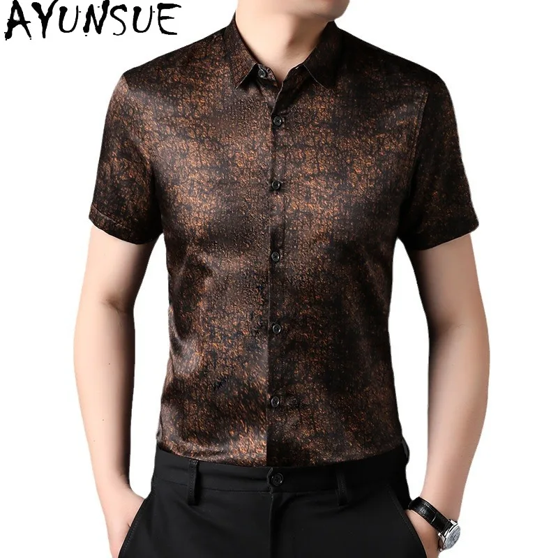 AYUNSUE 34.1% Mulberry Silk Men Shirt 65.9% Cotton Mens Summer Shirt Mens Shirts Short Sleeves Camisas De Hombre Men Clothing