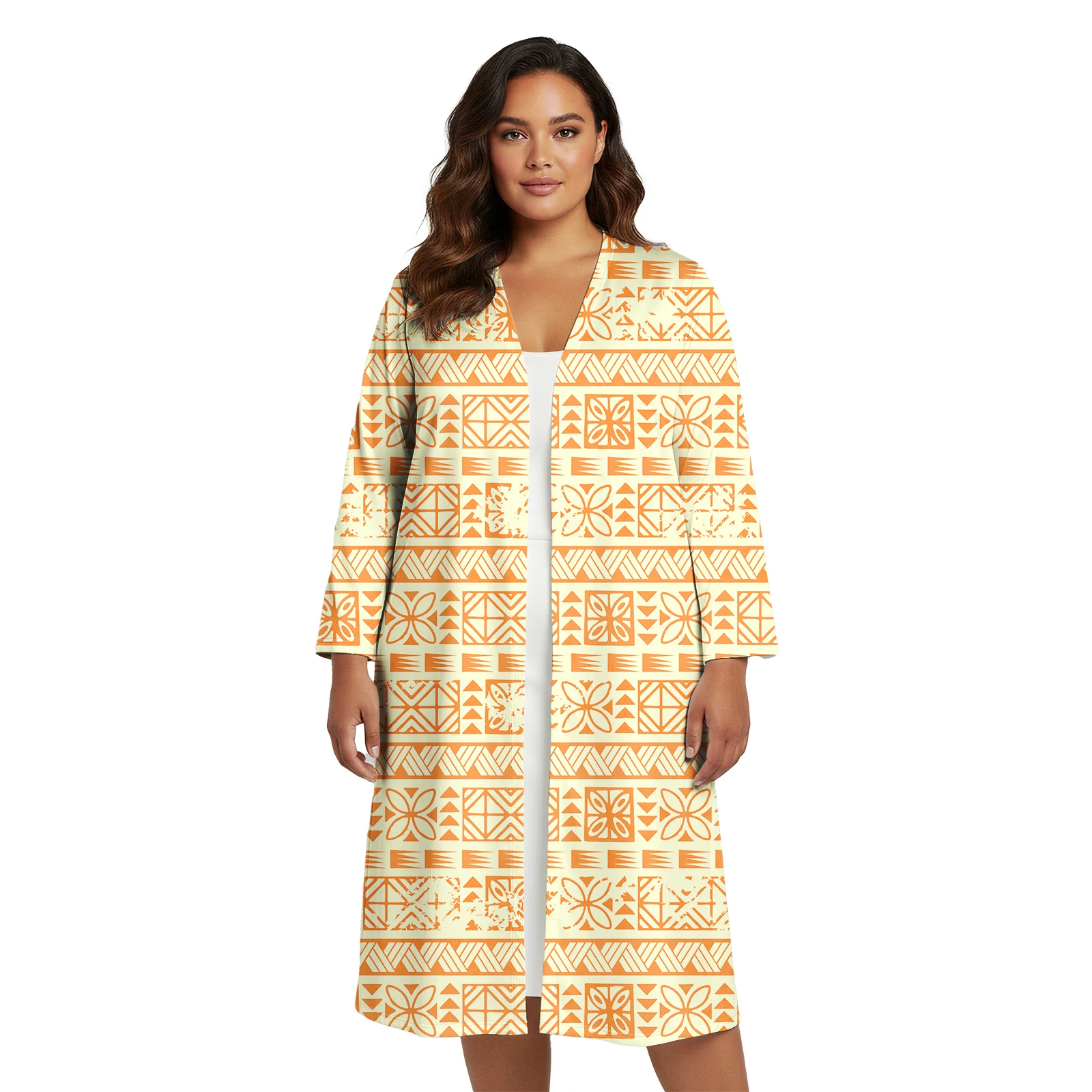 Plus Size Women's Polynesian Floral Cardigan Loose Kimono Tapa Print Tops Blouse Long Sleeves Factory Casual Beach Wear