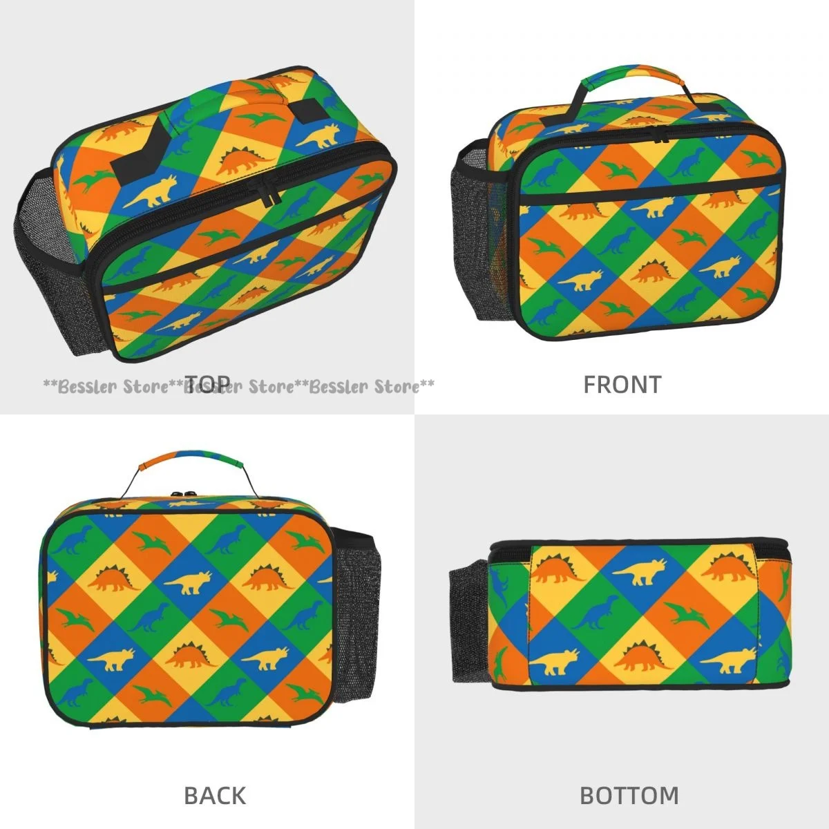 Horizontal Hand Carry Insulated Bento Lunch Bag Dinosaur Patchwork Thermal Reusable Meal Container Bag