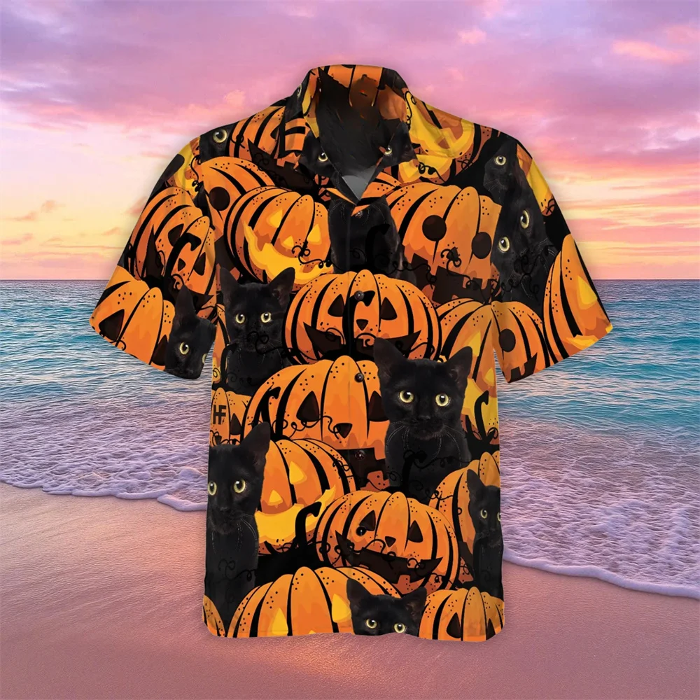 

Halloween Candy Pumpkin Shirt For Men Clothes Spooky Skulls Hawaiian Shirts Funny Trick Treat Button Up Blouses Men y2k clothing