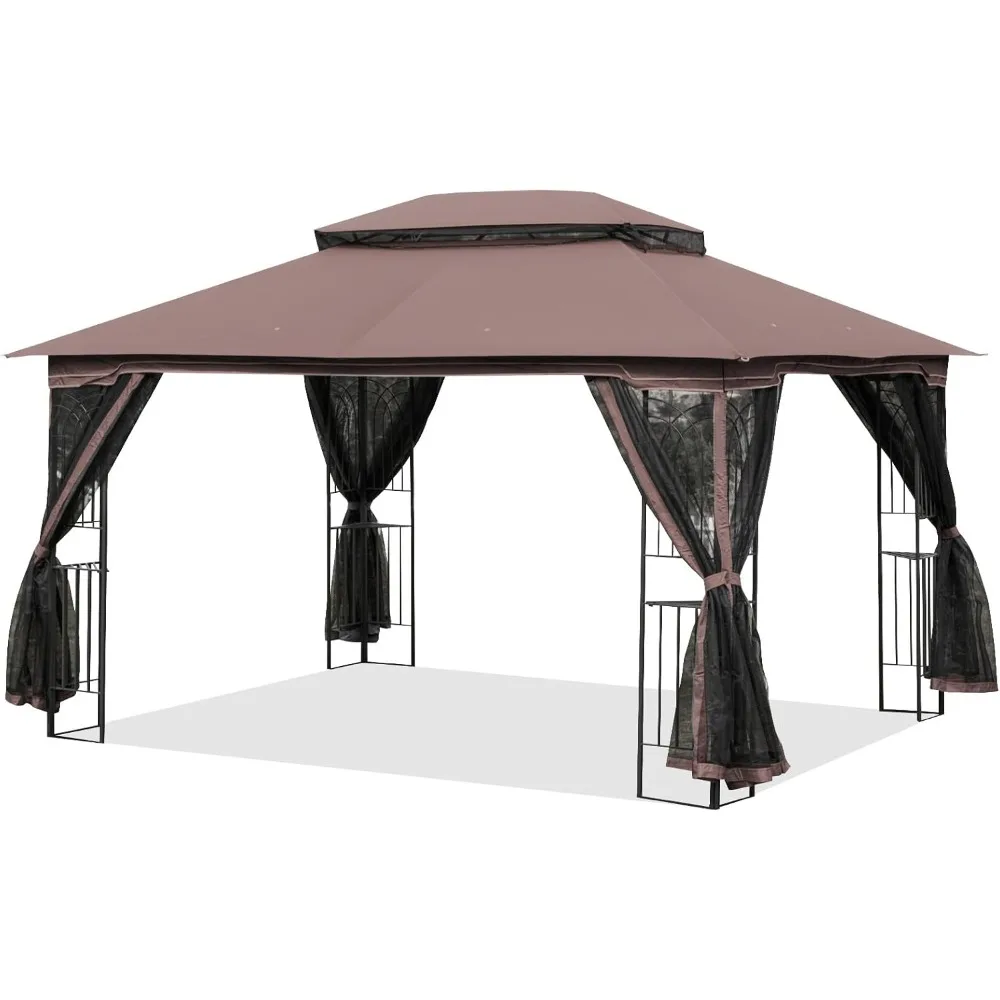 

Уличная беседка 10 х 13 футов, мягкая палатка с двойным навесом на крыше и москитной сеткой, укрытие для праздничной палатки с полками в угловой раме для