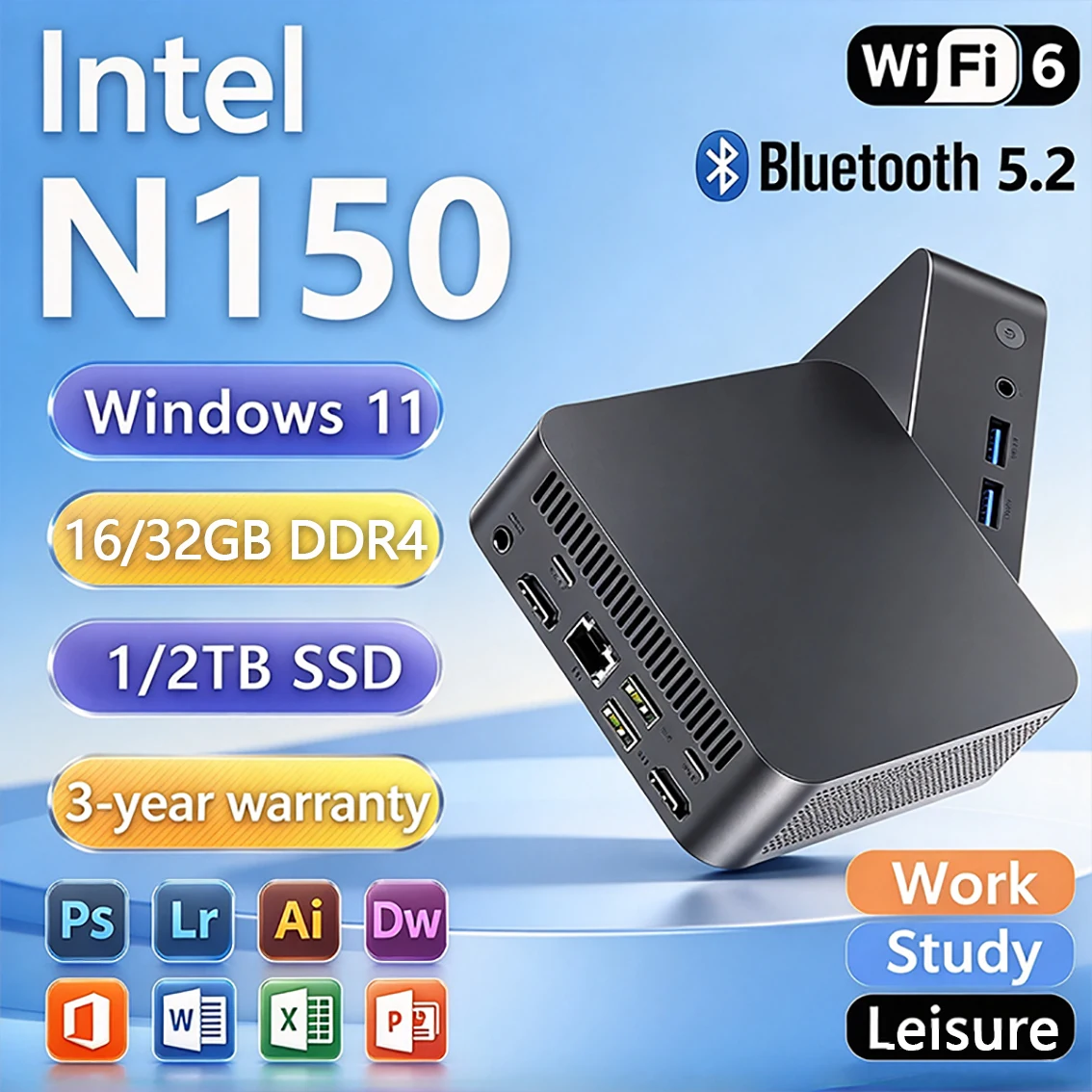 NEW Intel N150 Mini PC Windows 11 Intel I3 6100U 16GB 32GB DDR 1TB 2TB SSD WiFi6 BT5.2 Portable Computer Desktop Office Gaming