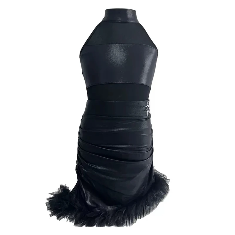 Vestito da ballo latino Costume da spettacolo per ragazze Halter Top in rete senza schienale e gonne con volant bambini abbigliamento da ballo latino concorrenza