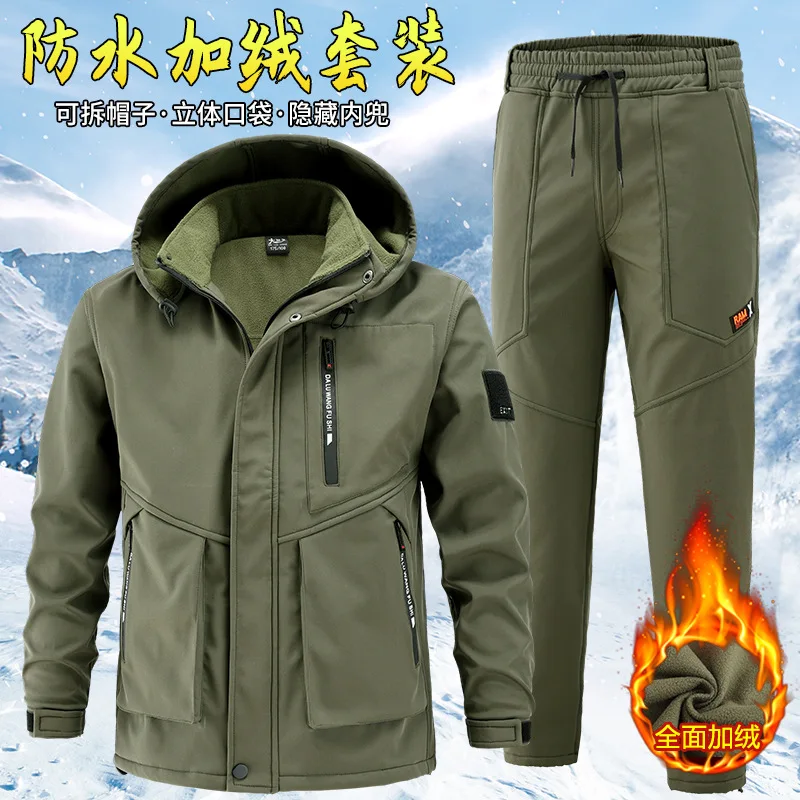 Winter Padded and Thickened Work Uniform Set for Men, Anti-freezing and Wear-resistant Workwear, Outdoor Stormproof Jacket