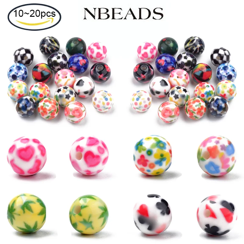 10-20PC Opaque Printed Acrylic Beads Round with Heart Pattern Hot Pink  Beads Accessories for Jewelry Making