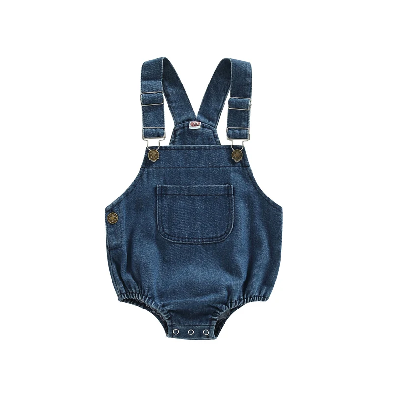 Baby Denim Romper Sleeveless Solid Button Closure Bodysuit with Pocket for Girls Boys