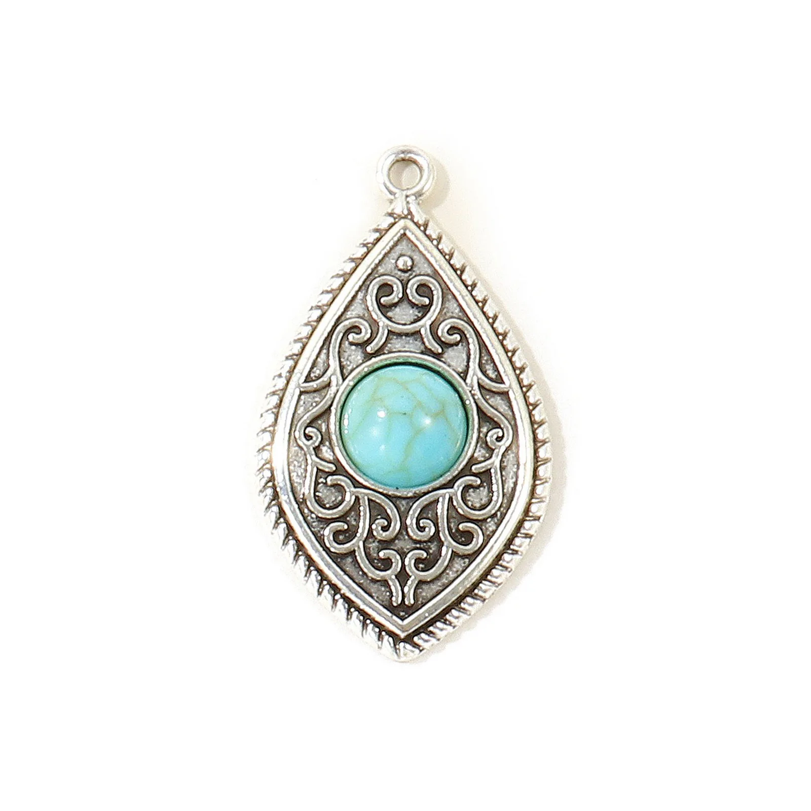 10 Stück Vintage Bohemia Anhänger Antiksilberfarben Grün Blau Imitation Türkis Feder Blumen Charms DIY Halskette Schmuck – Detail 9