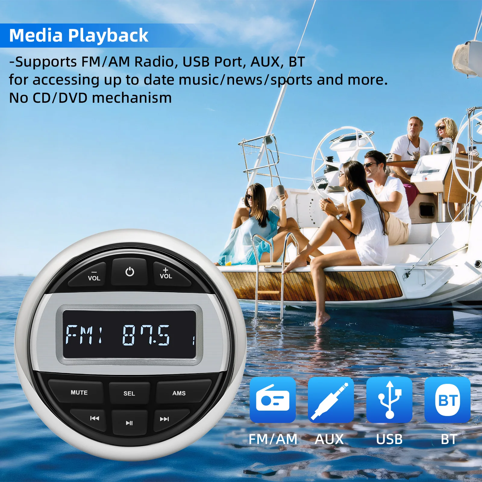 Reproductor de MP3 multimedia para barcos, resistente al agua, estéreo marino, Bluetooth, Audio, Radio, receptor FM AM para barcos, yates, ATV, UTV, coches