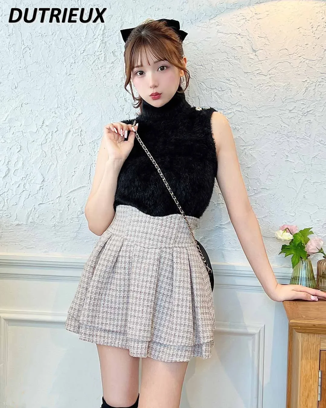 Japonês lolita saias babados plissado xadrez saia feminina 2024 primavera nova elástica cintura alta emagrecimento suave mini saia culottes