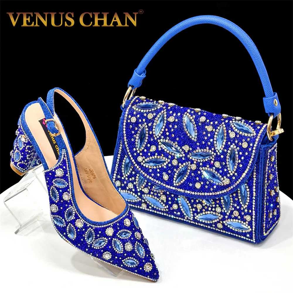 Venus Chan 2025 Elegant Nigerian Women's Blue Heels and Rhinestone Handbag Set - Italian Design for Weddings and Parties