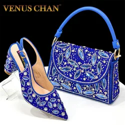 Venus Chan 2025 Elegant Nigerian Women's Blue Heels and Rhinestone Handbag Set - Italian Design for Weddings and Parties