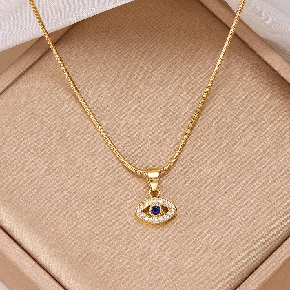 Turkish Lucky Eye Zircon Blue Crystal Gold Color Evil Eye Chain Bracelet Fashion Necklace Jewelry Accessories Gift For Women