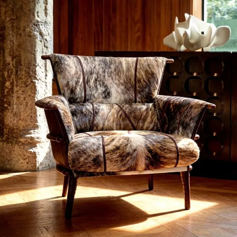 Luxury natural cowhide armchair, retro upholstered solid wood frame sofa chair lounge living room club cigar chair