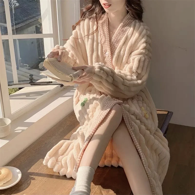 Women Coral Fleece Nightgown With A High-end Feel And Pure Desire For Style. Female Long Length Wth Sweet Thick Flannel Bathrobe