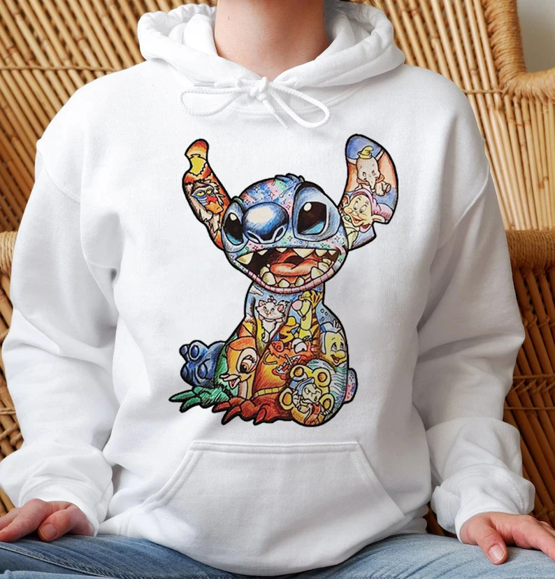 New Disney Funny Stitch Hoodies Women Harajuku Pullovers Cute Kawaii Casual Tops  Angel Print Hooded Sweatshirt Long Sleeves