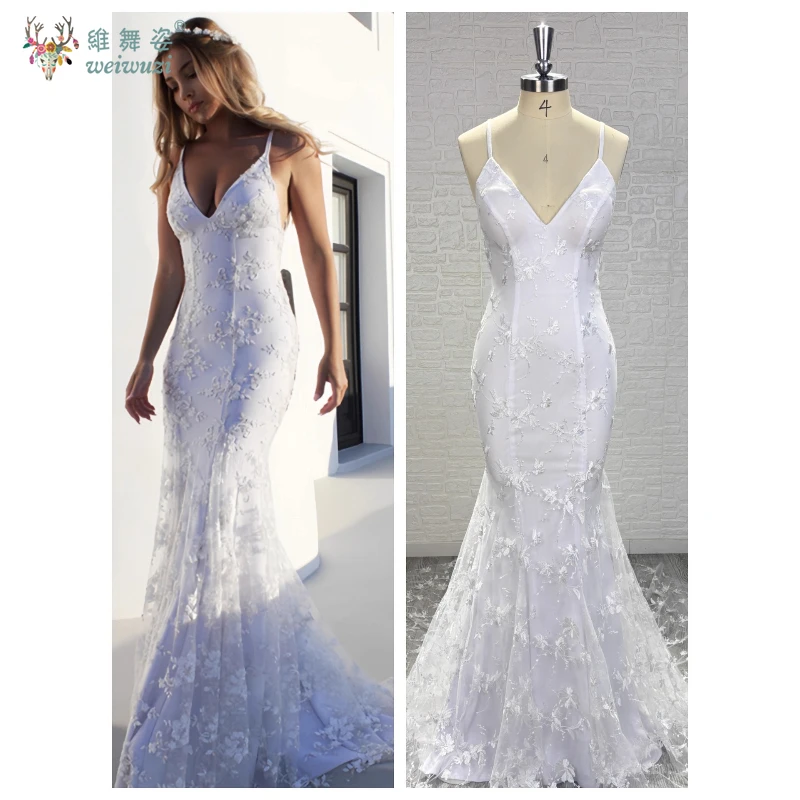 Elegant Lace Camisole Fishtail Fashionable Wedding Dress Sexy Deep V-strap Backless Outdoor Lawn Wedding Theme Custom Dress