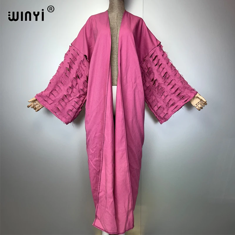 

WINYI new maxi kimono coat for women OverCoat hole denim cardigan long down coat cover up beach outfits woman abaya dubai luxury