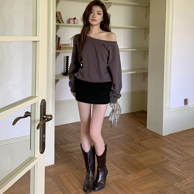 Felpe con cappuccio da donna con spalle scoperte irregolari manica lunga colletto obliquo sexy streetwear pullover felpa 2024 autunno inverno nuove magliette