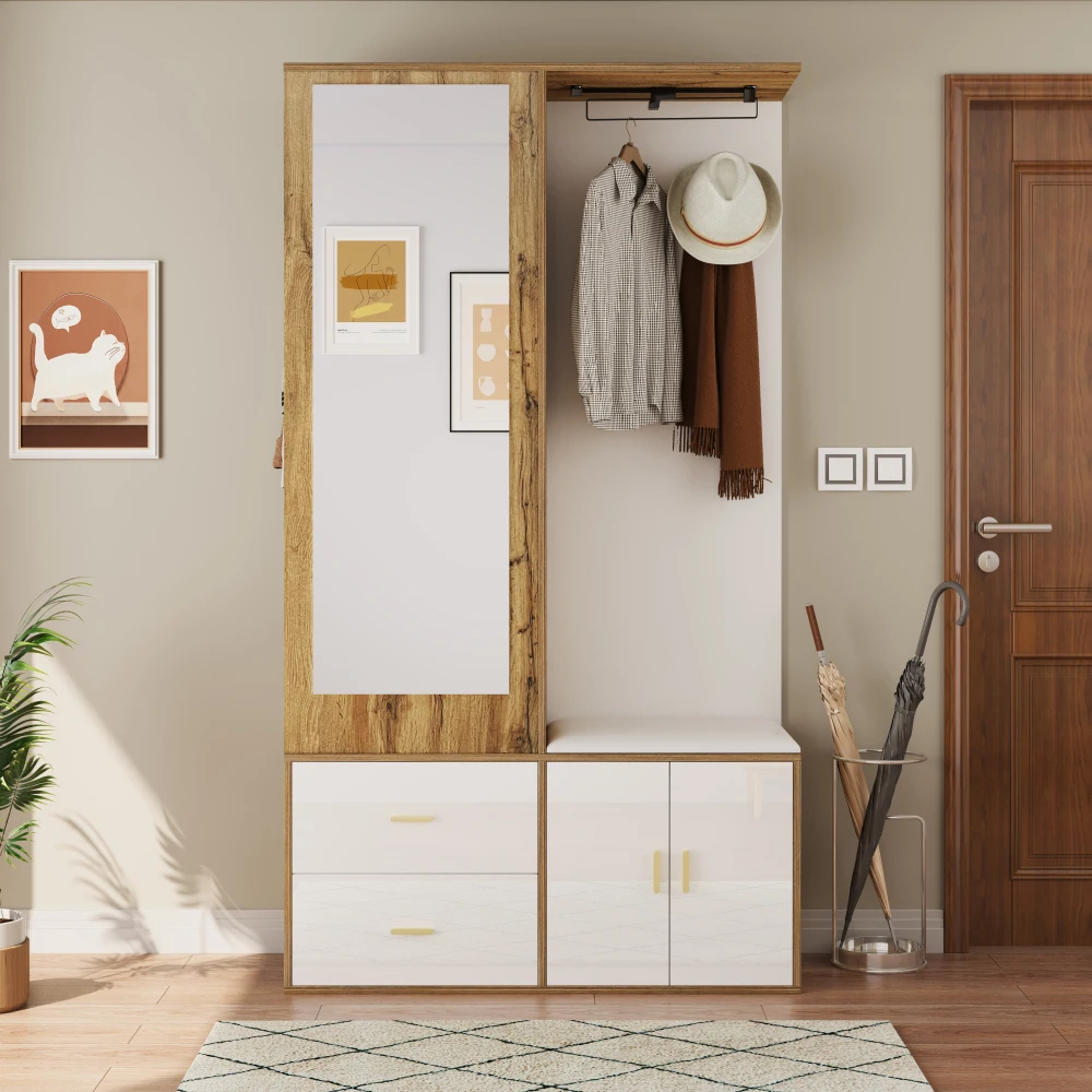 PINGGO Edles Garderoben-Set mit Spiegel, Schuhschrank, Schuhbank mit Haken, ausziehbarer Kleiderstange in Weiß und Holzfarben – Detail 8
