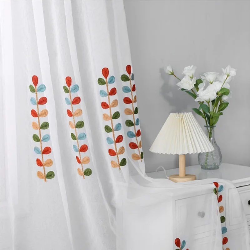 Korean Pastoral Style Embroidery Colorful String Grass Gauze Curtains Living Room Bedroom Balcony Curtains