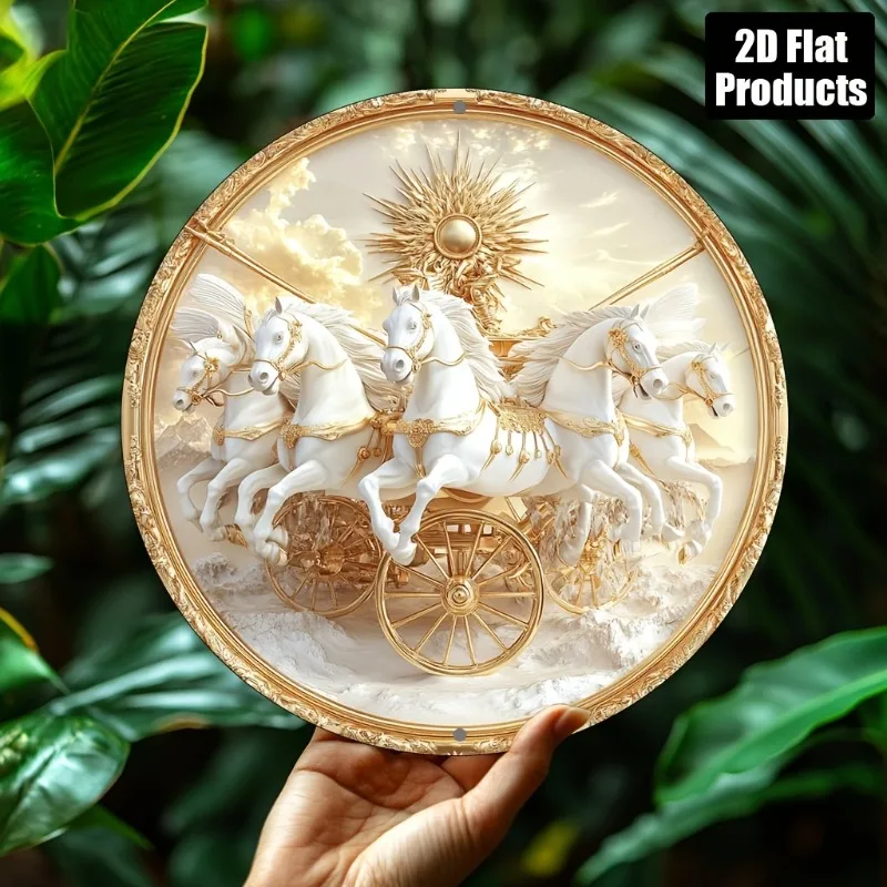 2D Metal Sign, 8 Inch Round Greek Roman Mythology Sun Chariot Gold Horse Metal Wall Art, White Gold Tone Radiant Sun Durable Alu
