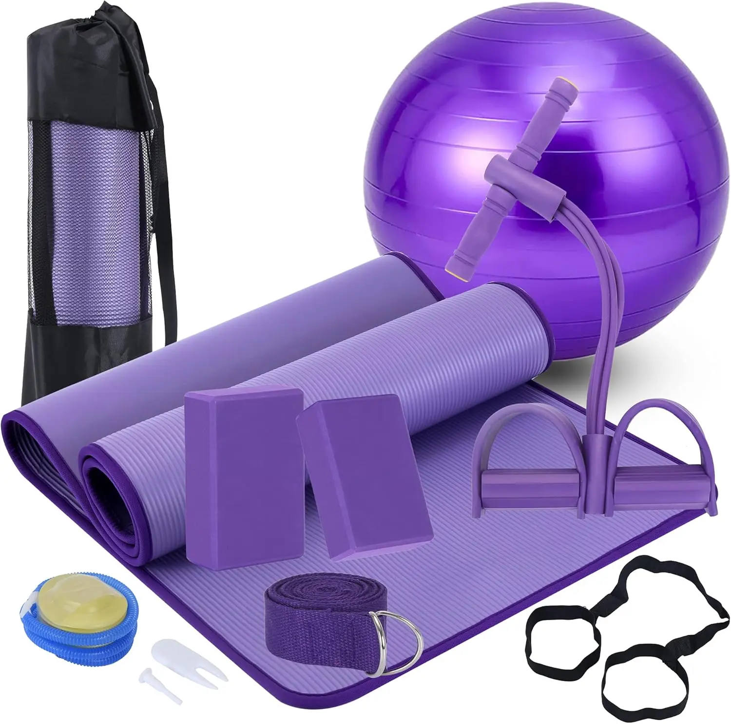 

11-Piece Yoga Starter Kit for Beginners, Non-Slip Mat with Carrying Strap, Blocks, Ball, Strap & Ankle Puller