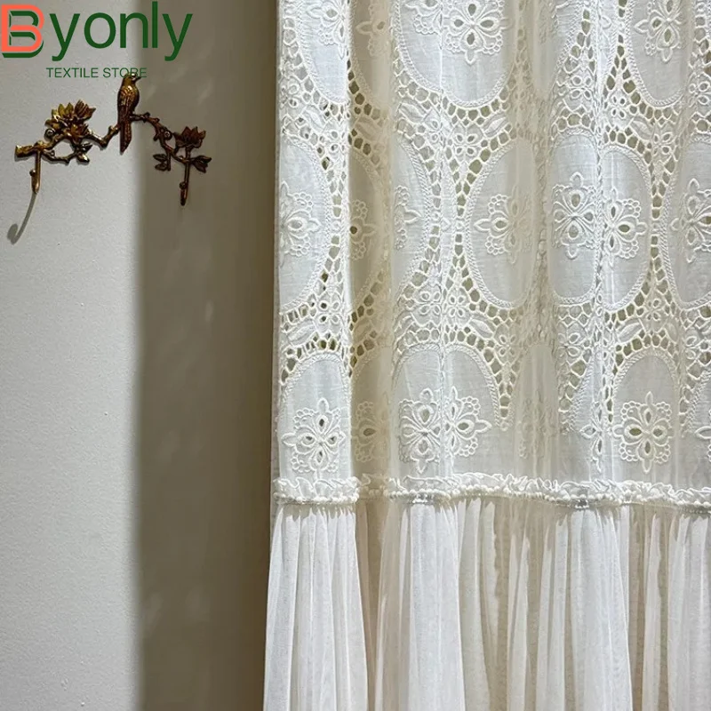 New French Cream Skirt Gauze Hollowed Out Embroidered Window Gauzes for Bedroom Balcony Living Room French Window Customized