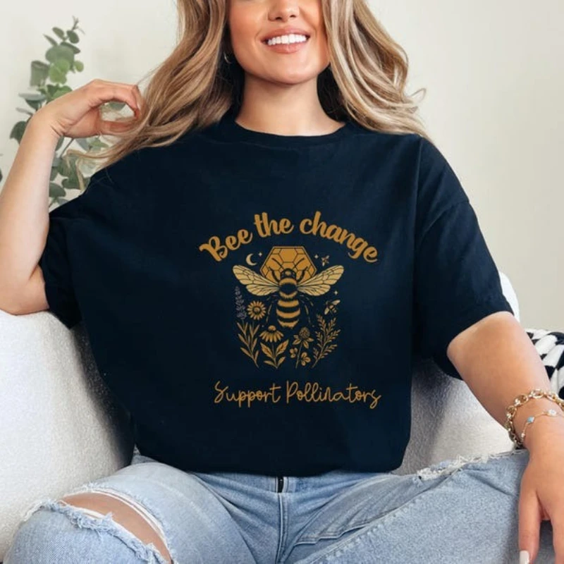 

Retro Tee -Bee The Change T-shirt-Save Bees PollinatorBoho Botanical Nature Lover Gift Crewneck Printed T-shirt Tops Unisex