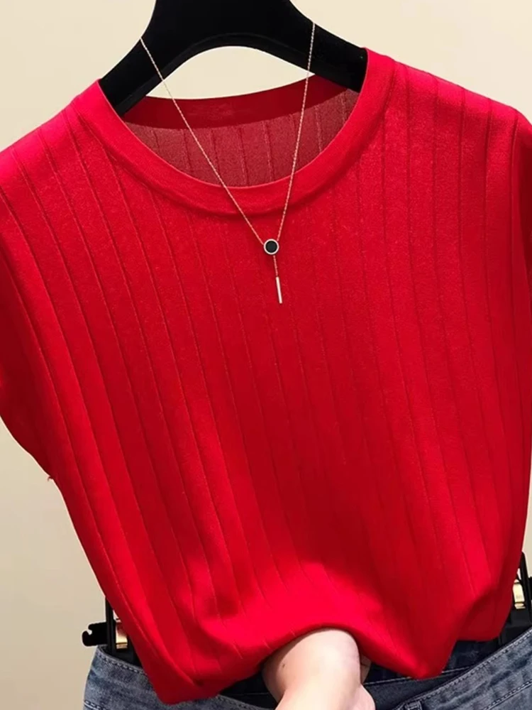 Faionable Pure Color Ice Silk Gestrickte runde Ne ort Sve Summer Thin Top Commute Sle Small ence High-End Feeling