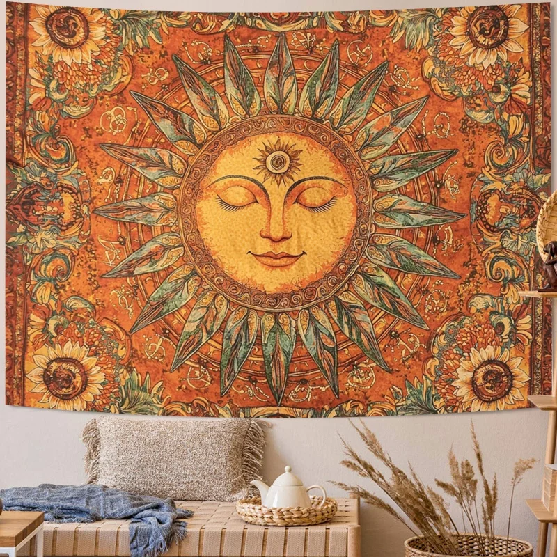 1 Stück, flacher 2D-Wandteppich mit Sonne und Mond, Vintage-Wandbehang im Bohemian-Stil mit lächelndem Sonnenmuster, wsj