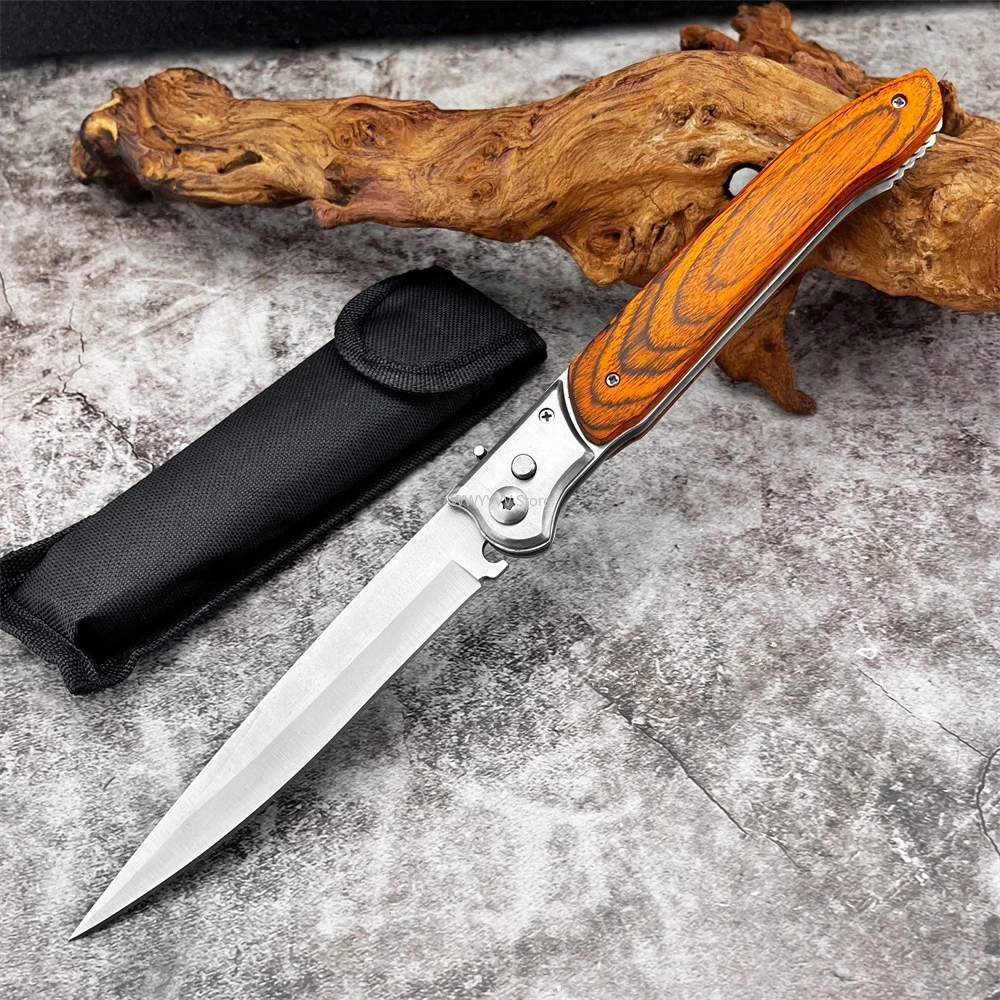 12-inch Large Assisted Opening Folding Knife, D2 Steel Blade, Wooden Handle, Nylon Sheath, Men's Outdoor Hiking Camping EDC Tool