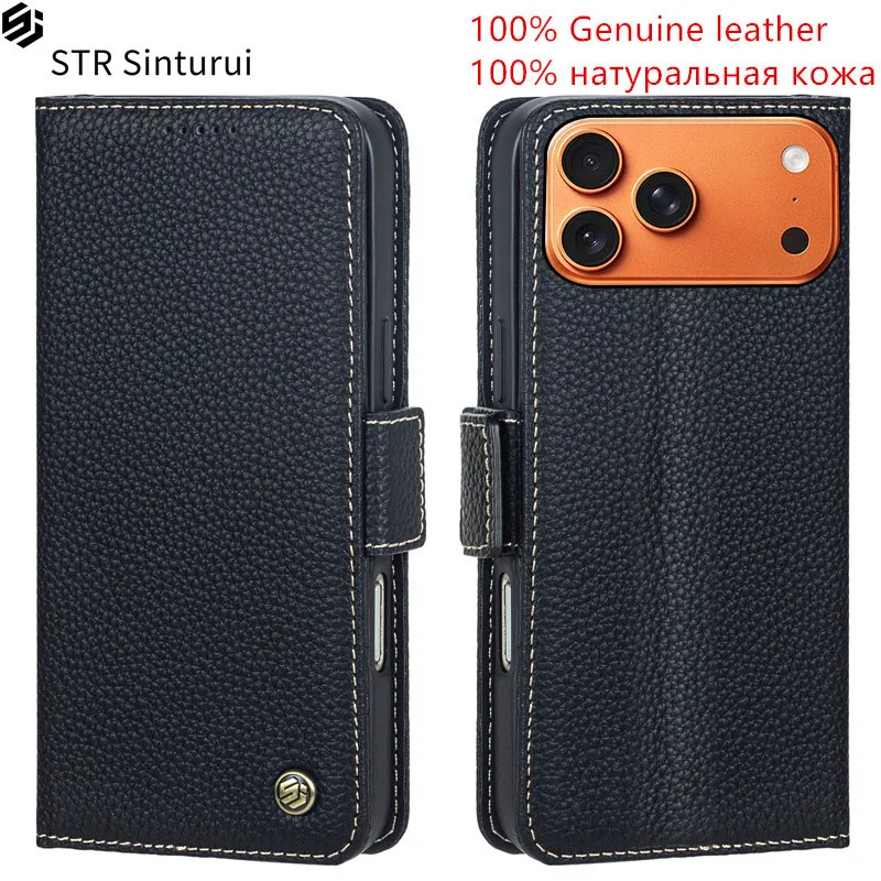 

STR Genuine leather lychee grain card Slot Wallet Cover For iPhone Air 17 16 15 14 13 12 11 XS Pro Max 8 7 Plus Flip phone Case