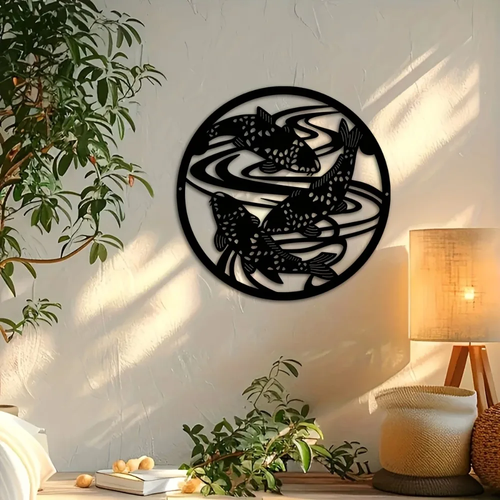 Iron Fish Metal Wall Art, Zen Black White Hanging Decor for Courtyard Balcony, Rustproof Home Decor