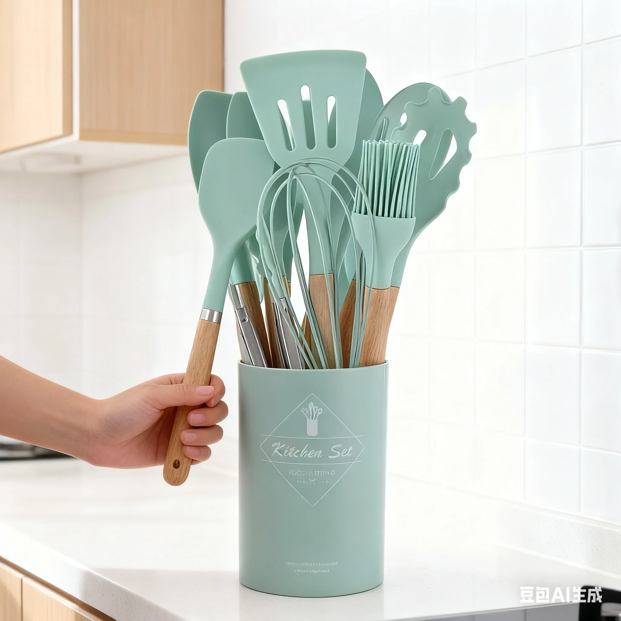 Utensilios de cocina de silicona con mango de madera, cucharas y espátulas antiadherentes para sopa, almacenamiento de cubo resistente a altas temperaturas, 12 Uds.