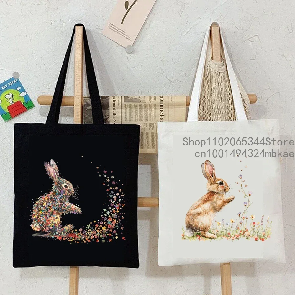 Canvas Tote Bag  Women Floral Watercolor Bunny Shopping Bag Cartoon Rabbit Graphic Student Casual Handbag Side Bag for Ladies