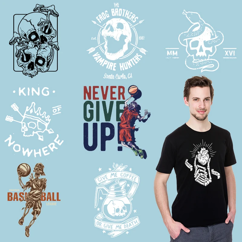 

Skull Skeleton Ironing stickers Patches for clothing diy craft Stickers on fabric DIY Appliques Heat Transfer PVC Patch