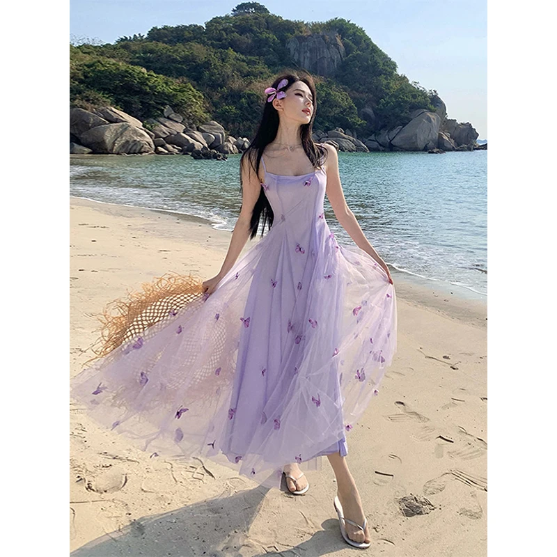 Purple Stereoscopic Butterfly Sling Dress for Women Summer Beach Style Mesh Backless Dresses Pure and Seductive Style‌ Clothes