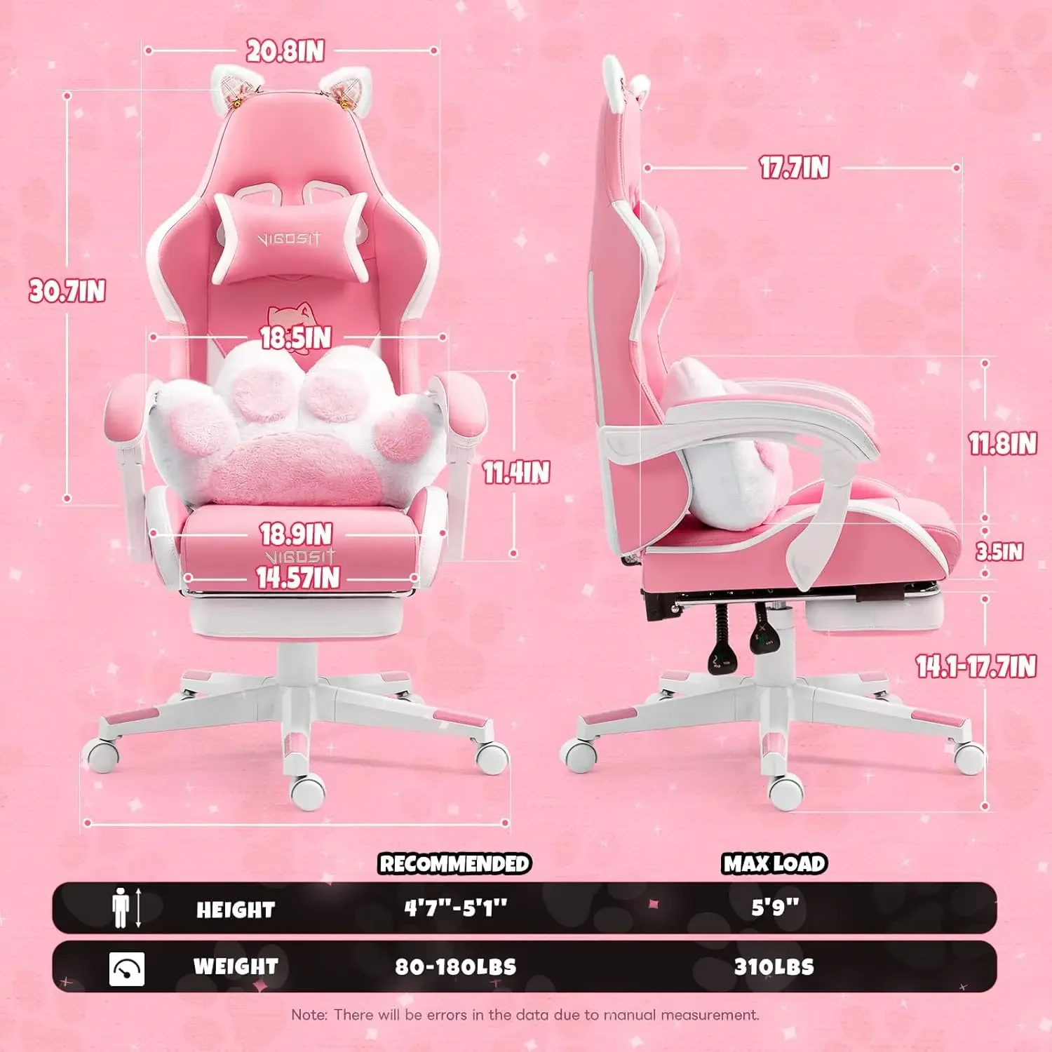 Chair with Cat Paw Lumbar Cushion and Cat Ears, Ergonomic Computer Chair with Footrest, Reclining PC Game Chair for