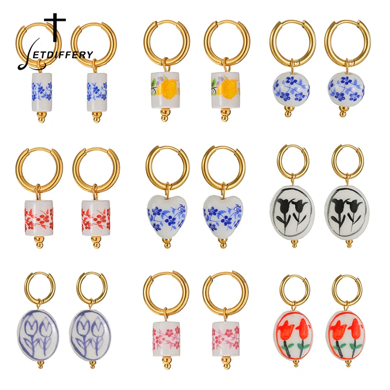 Letdiffery Vintage Colorful Ceramic Drop Earrings for Women Stainless Steel Blue and White Porcelain Bead Dangle Studs Jewelry