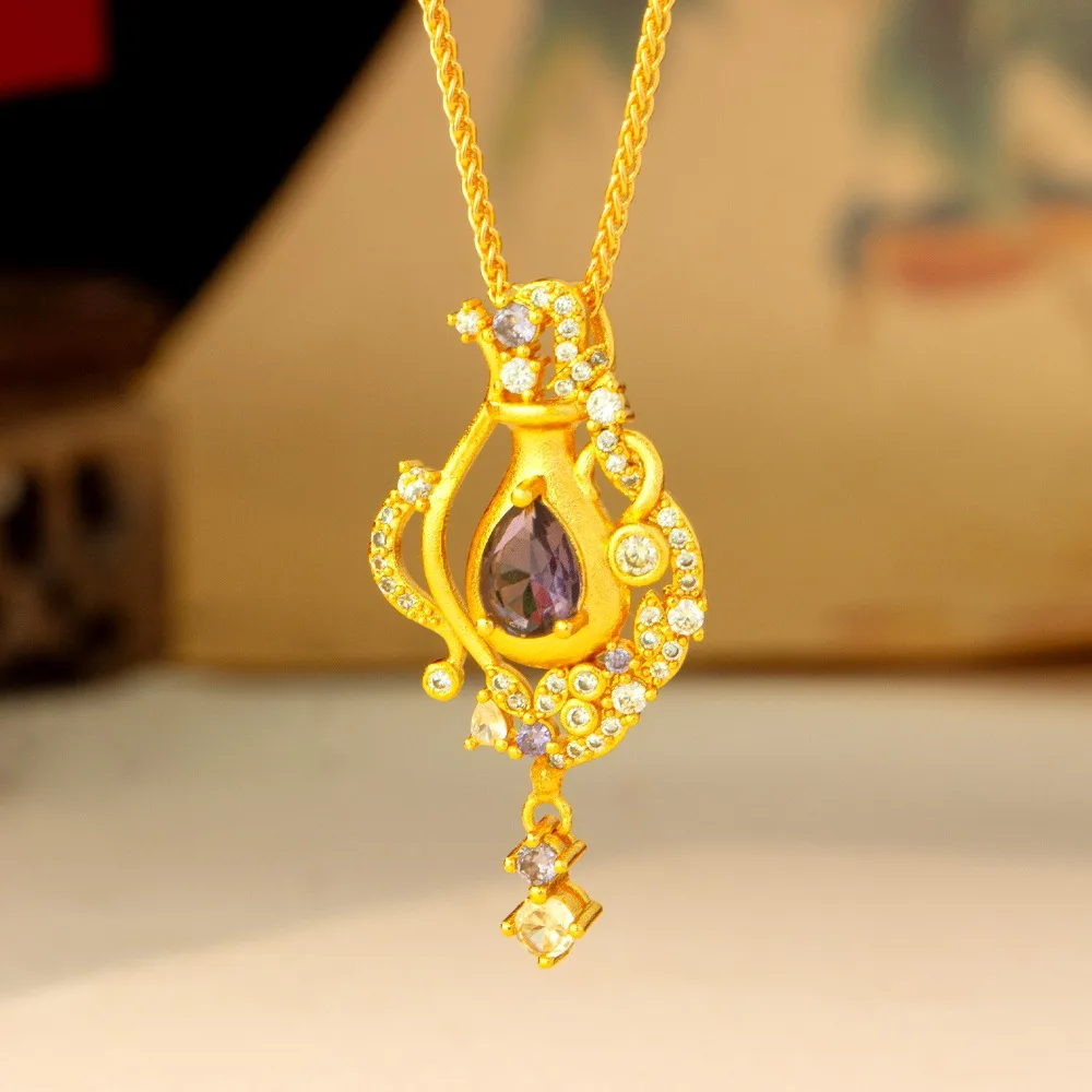 Point drill hollow amethyst perfume bottle pendant female sweet senior sense 9999gold
