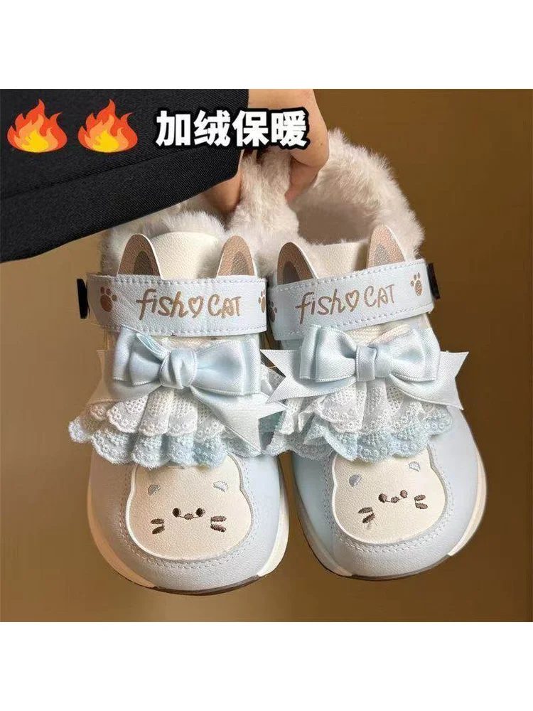 

Winter Lolita Girls Shoes Thick Soled Cute Little White Shoes Women 2026 New Warm And Velvet Board Shoes Little Bear Bread Shoes