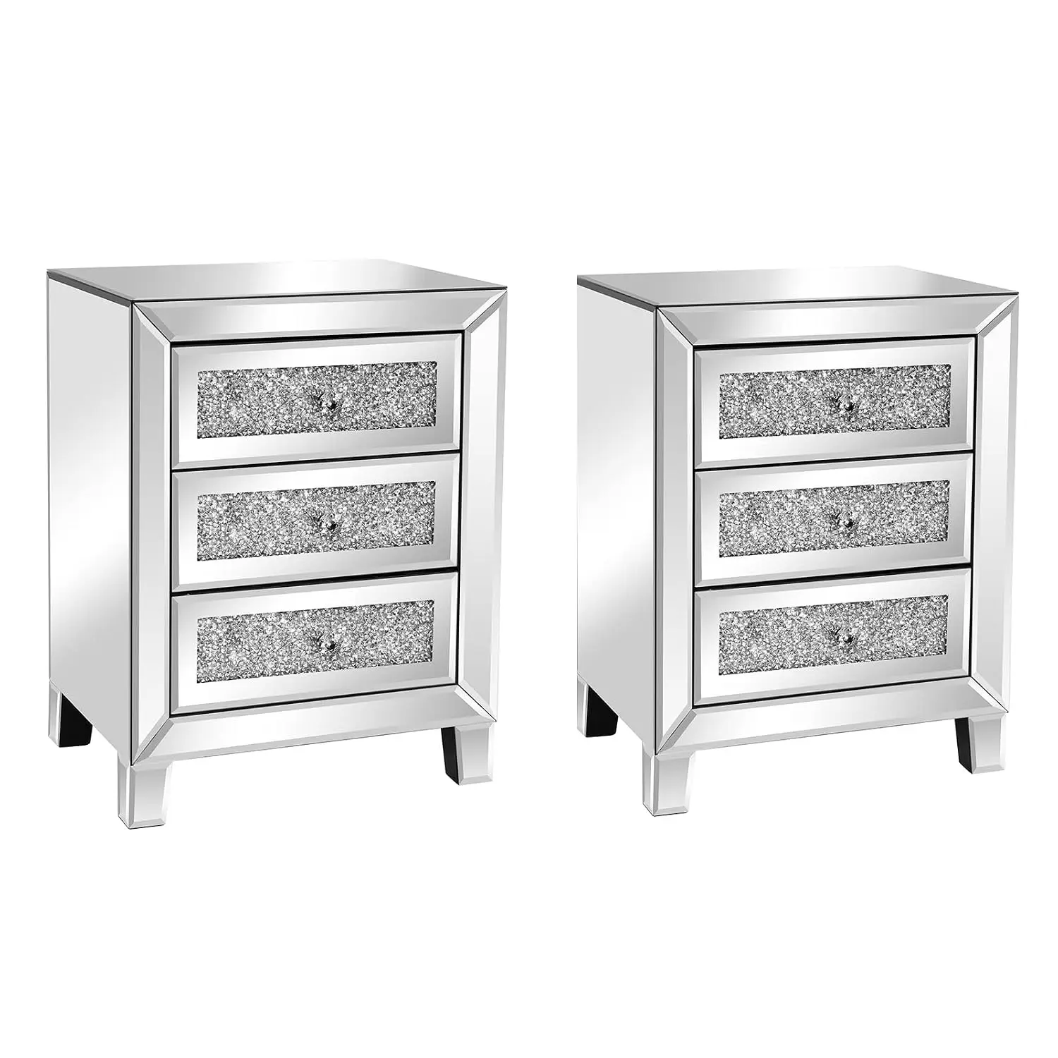 Mirrored Nightstand Set of 2, Silver Glass Bedside Table for Bedroom Living Room, Crushed Mirror End Table, Customized