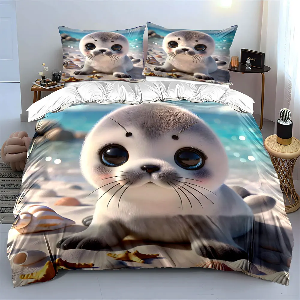 Cute Seal on Beach Printed Duvet Cover Set 1 Duvet Cover+2 Pillowcase Multi Size Bedroom Bedding Decoration Luxury gifts