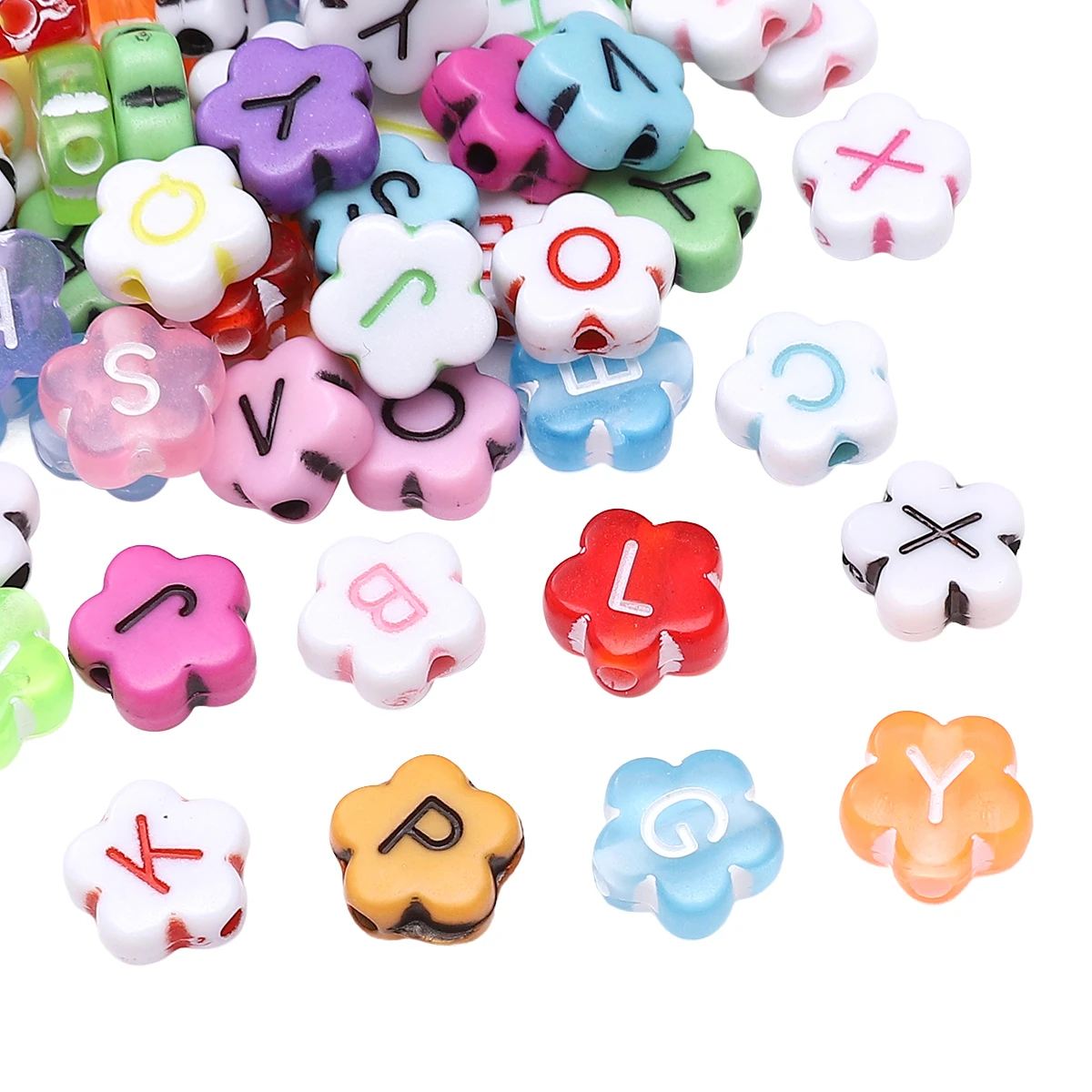 10mm 100Pcs Acrylic Washed Solid Color Beads Plum Blossom Letters Unique Scattered Beads Handmade DIY Jewelry Bracelet Accessori