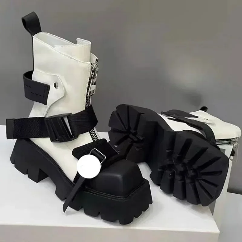 2025 النمط الأوروبي ساحة تو كعب سميك دراجة نارية أحذية النساء الجلود الجبهة زيبر حزام قصير مشبك موضة تشيلسي الأحذية #4