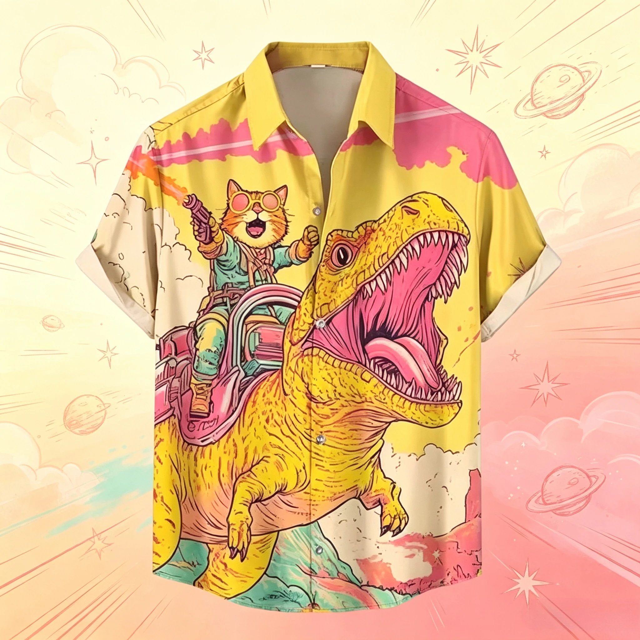 Men Lapel Short‑Sleeve Button‑Down Shirt Funny Cat Riding Dinosaur Cartoon Print Loose Casual Summer Beach Vacation Hawaiian