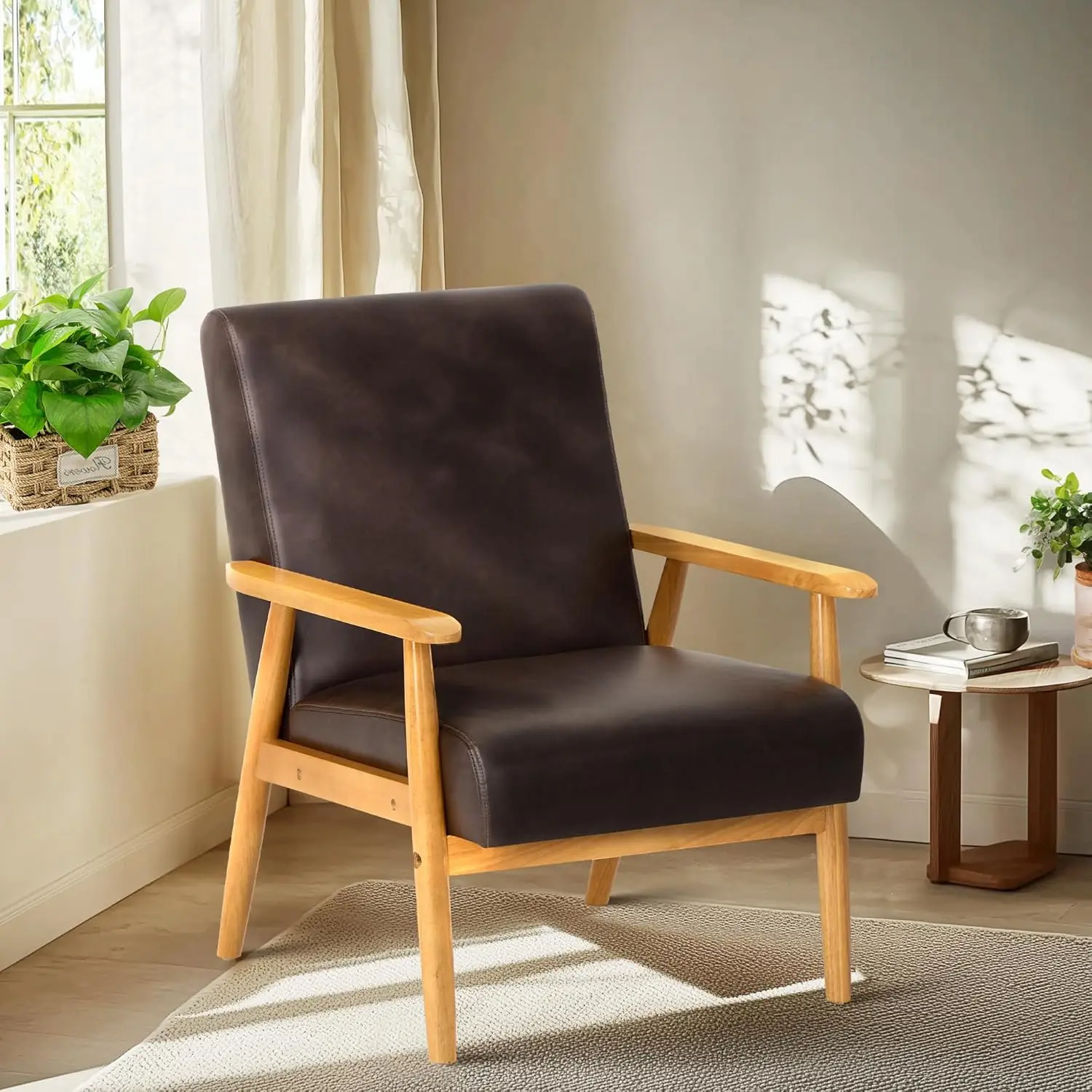 

Leather Accent Chair for Living Room, Mid Century Modern Relaxing Armchair with Solid Wood Frame & Soft Cushion, Reading Leisure