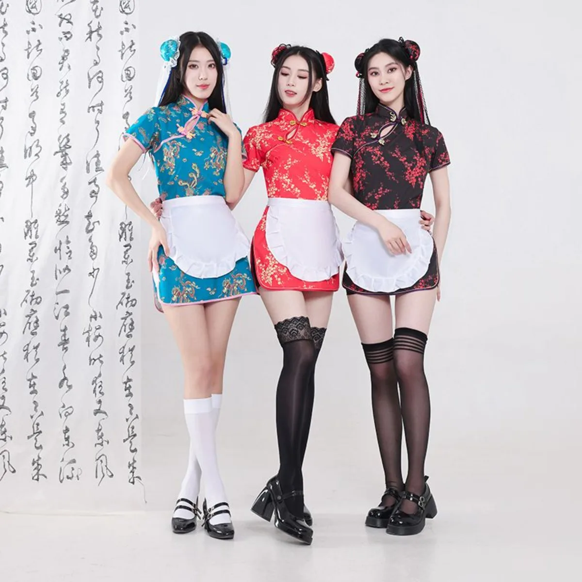 زي تنكري لفتاة الشيف الصينية، فستان تشيباو قصير بفتحة رقبة مائلة، مريلة خادمة لوليتا كوس ملابس نسائية صينية