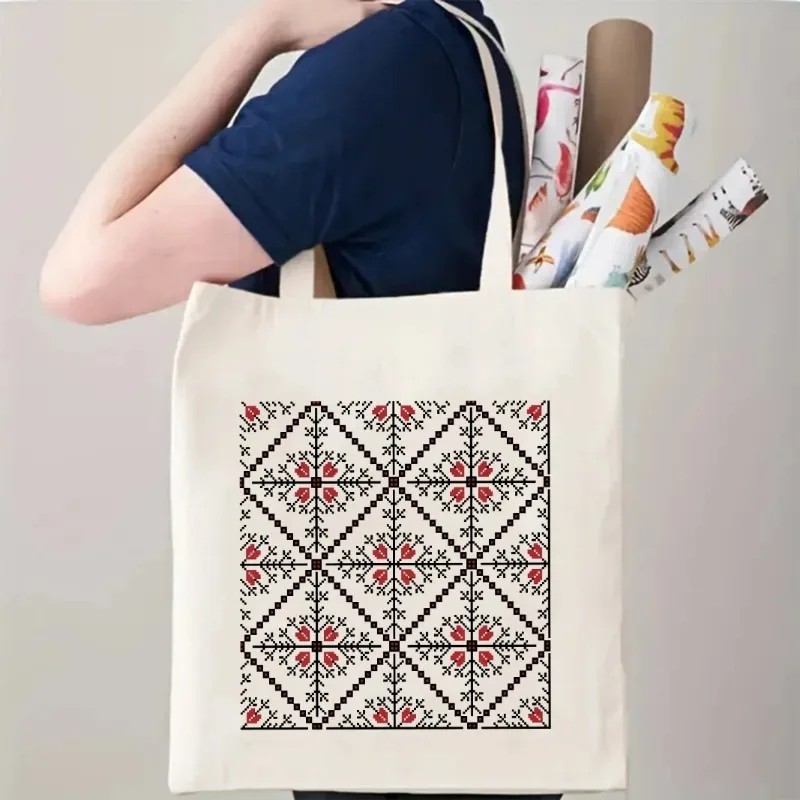 

Ethnic Style Traditional Geometric Canvas Bag Women's Casual Vintage Tote Bag Large Capacity Reusable Eco-Friendly Shopping Bag